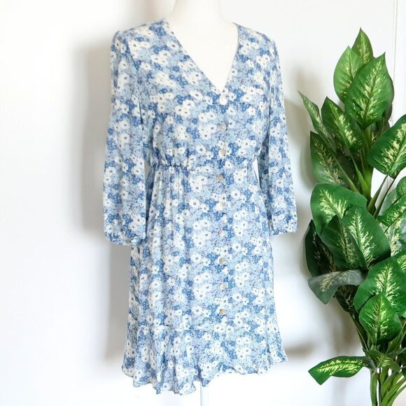 Rails Blue Floral Button Front V-neck Ruffle Hem Mini Dress Size XS - Picture 1 of 11